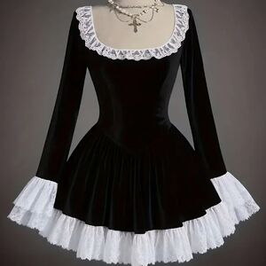 Wednesday Style Gothic Stretch Velvet Black Dress